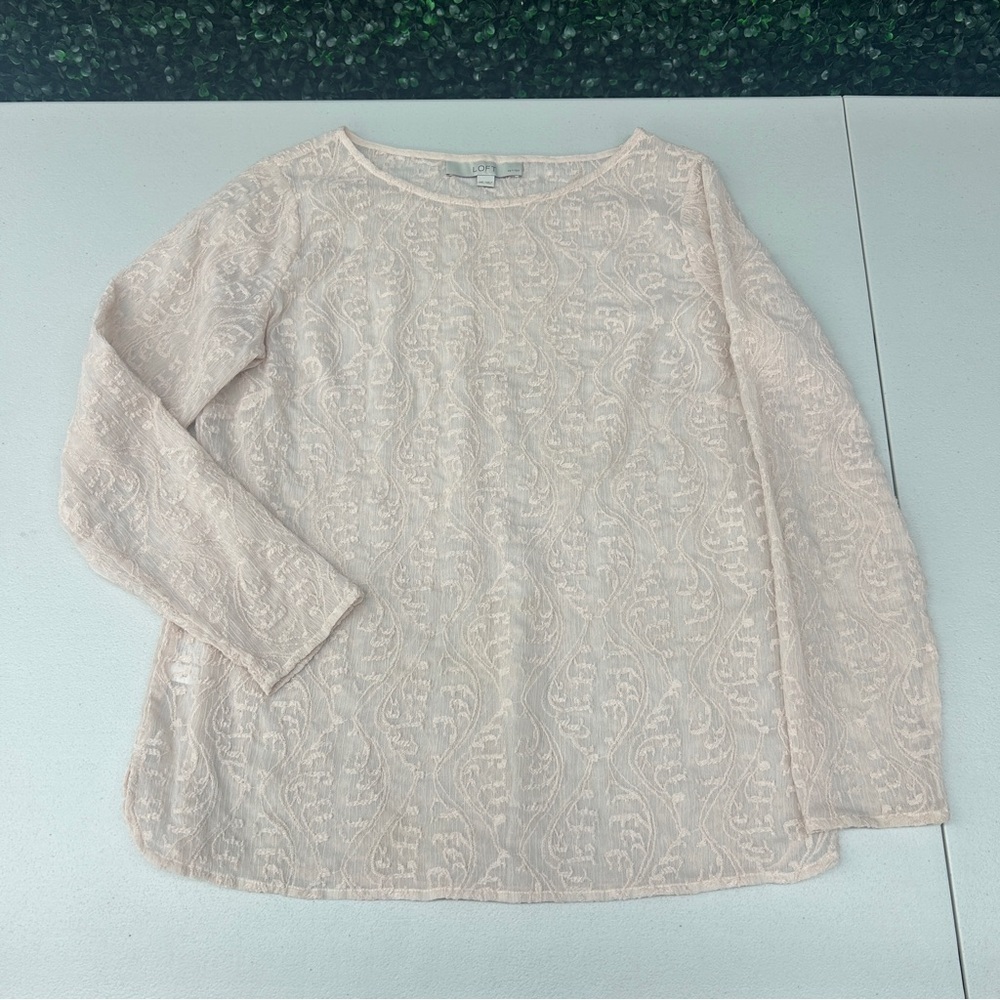 Ann Taylor Loft Cream Sheer Embroidered Top - Petite MP